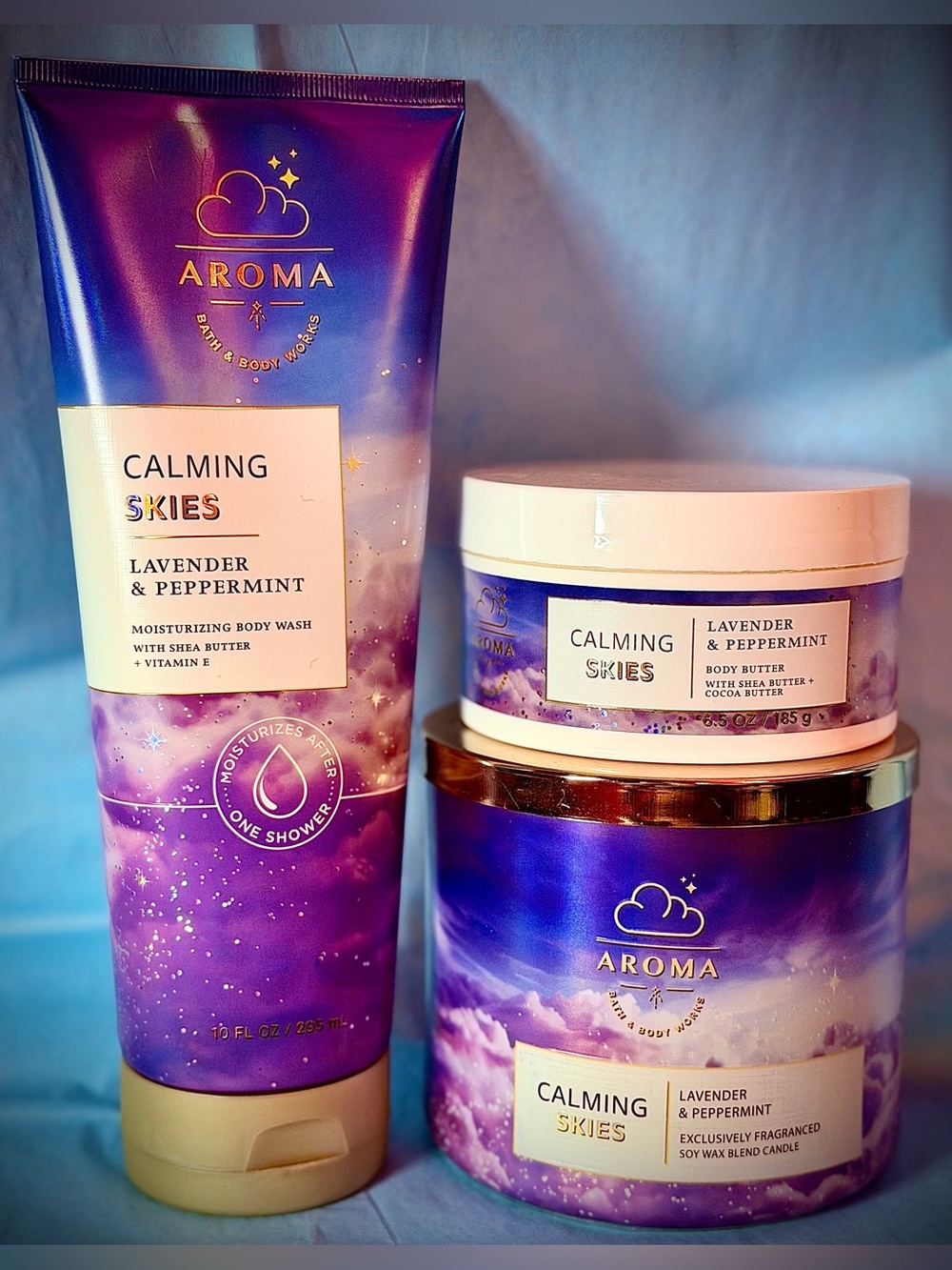Aroma Calming Skies Lavender & Peppermint Body Wash and Butter 3pc Q Set